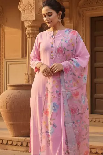 Floral Printed Mandarin Collar Kurta With Trousers & Dupatta