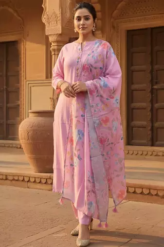 Floral Printed Mandarin Collar Kurta With Trousers & Dupatta