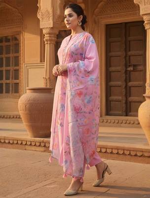 Floral Printed Mandarin Collar Kurta With Trousers & Dupatta 3
