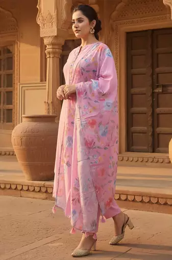 Floral Printed Mandarin Collar Kurta With Trousers & Dupatta