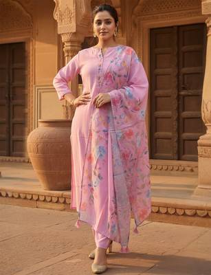 Floral Printed Mandarin Collar Kurta With Trousers & Dupatta 5