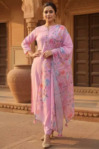 Floral Printed Mandarin Collar Kurta With Trousers & Dupatta