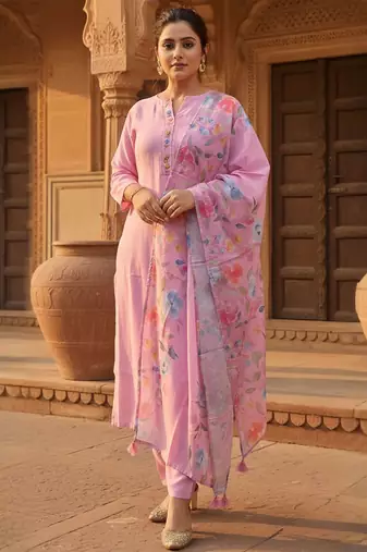 Floral Printed Mandarin Collar Kurta With Trousers & Dupatta