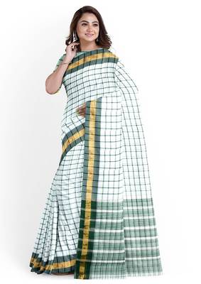 White checked cotton saree with green border 2