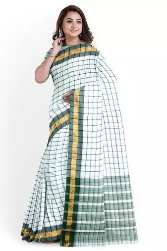 White checked cotton saree with green border