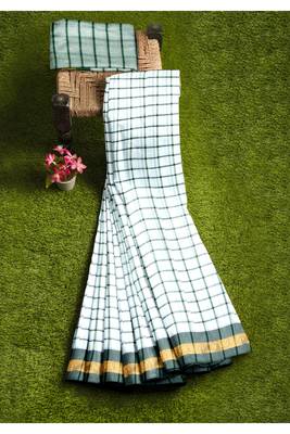 White checked cotton saree with green border 3