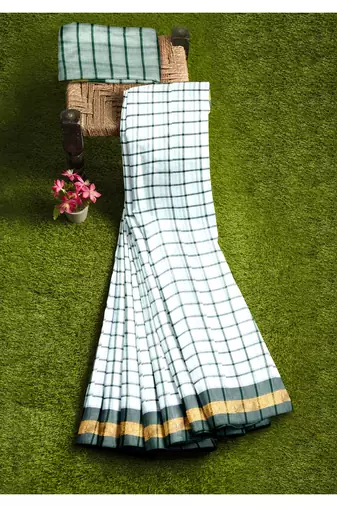White checked cotton saree with green border