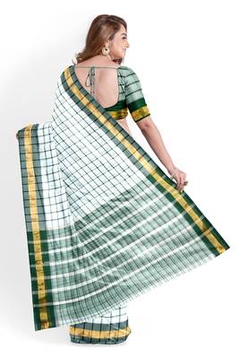 White checked cotton saree with green border 4