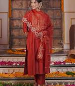 Ethnic Motifs Embroidered Liva Straight Kurta With Trousers & Dupatta