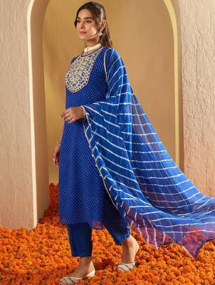 Leheriya Embroidered Georgette Straight Kurta With Trousers & Dupatta 1