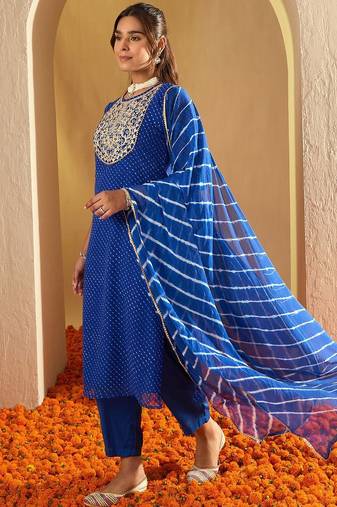 Leheriya Embroidered Georgette Straight Kurta With Trousers & Dupatta