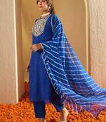 Leheriya Embroidered Georgette Straight Kurta With Trousers & Dupatta