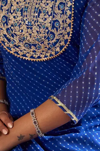 Leheriya Embroidered Georgette Straight Kurta With Trousers & Dupatta