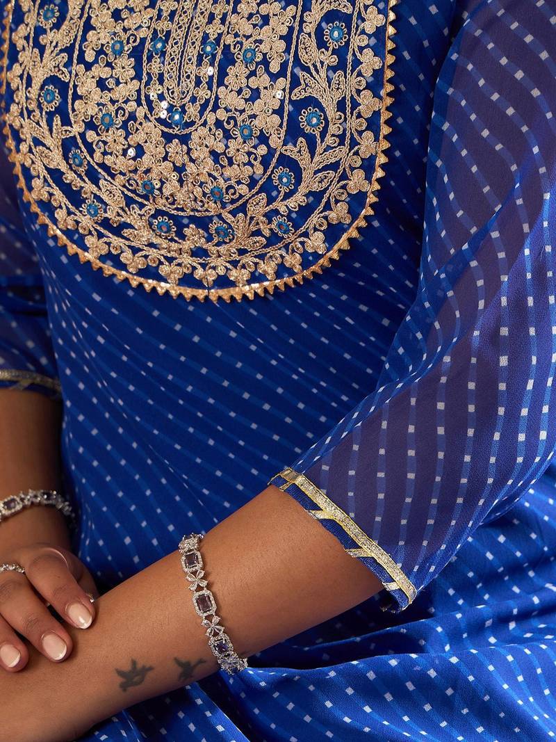 Leheriya Embroidered Georgette Straight Kurta With Trousers & Dupatta