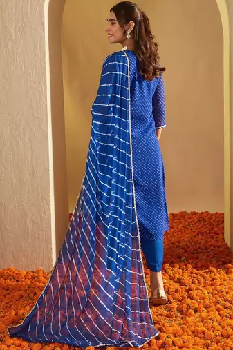 Leheriya Embroidered Georgette Straight Kurta With Trousers & Dupatta