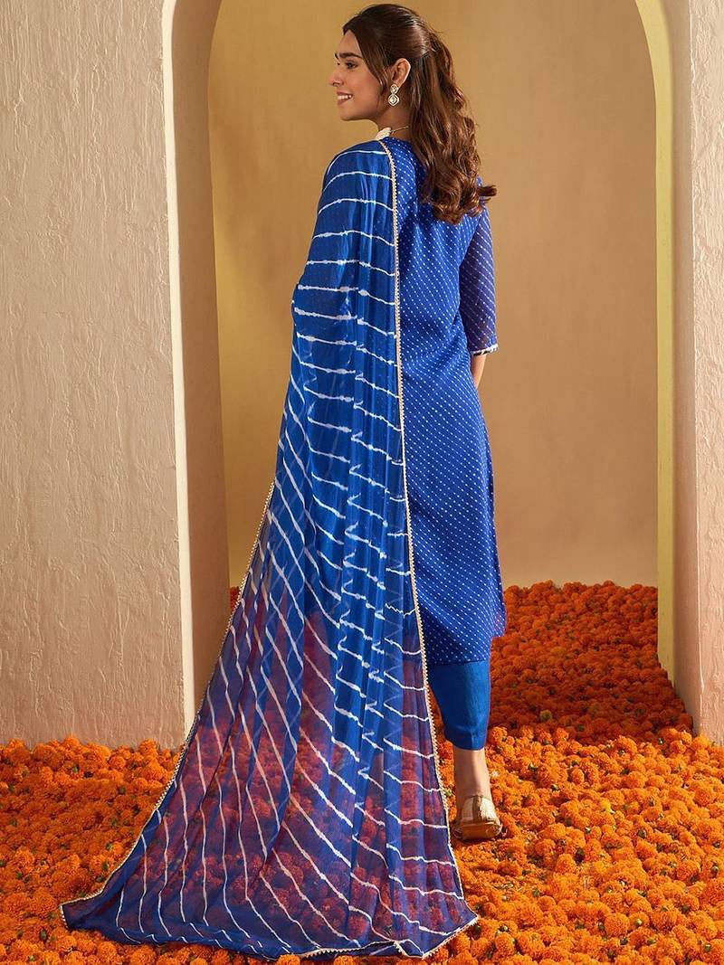 Leheriya Embroidered Georgette Straight Kurta With Trousers & Dupatta
