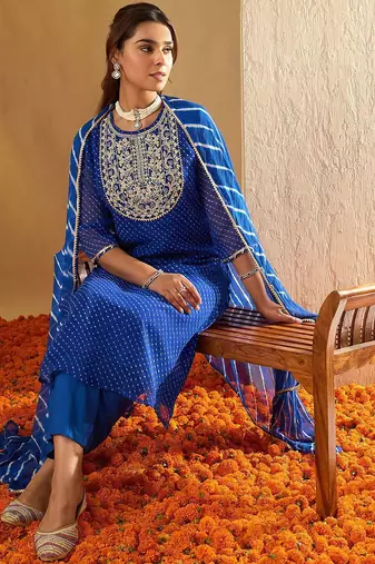Leheriya Embroidered Georgette Straight Kurta With Trousers & Dupatta