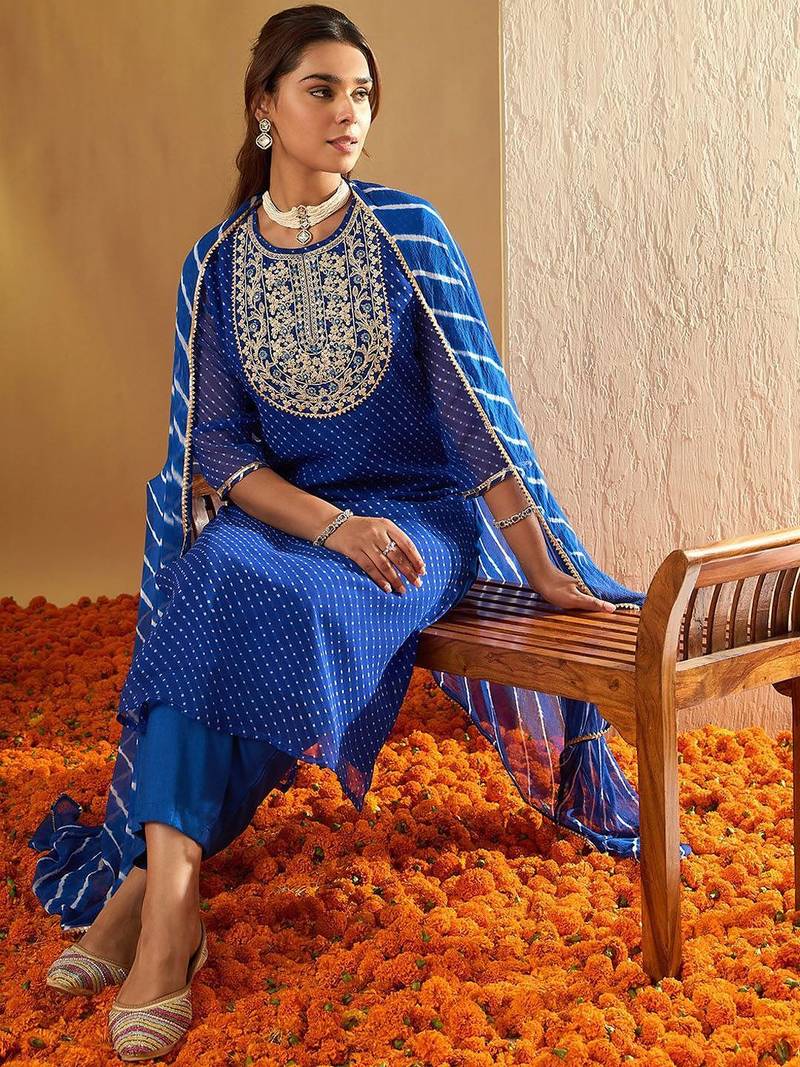 Leheriya Embroidered Georgette Straight Kurta With Trousers & Dupatta