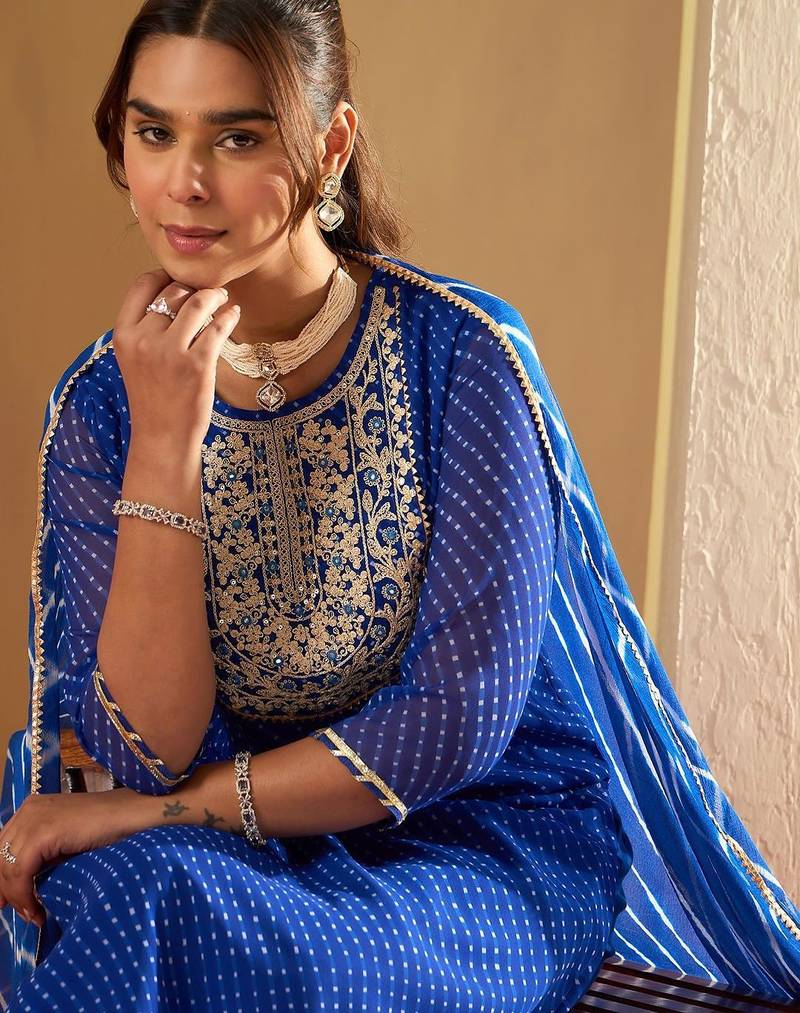 Leheriya Embroidered Georgette Straight Kurta With Trousers & Dupatta