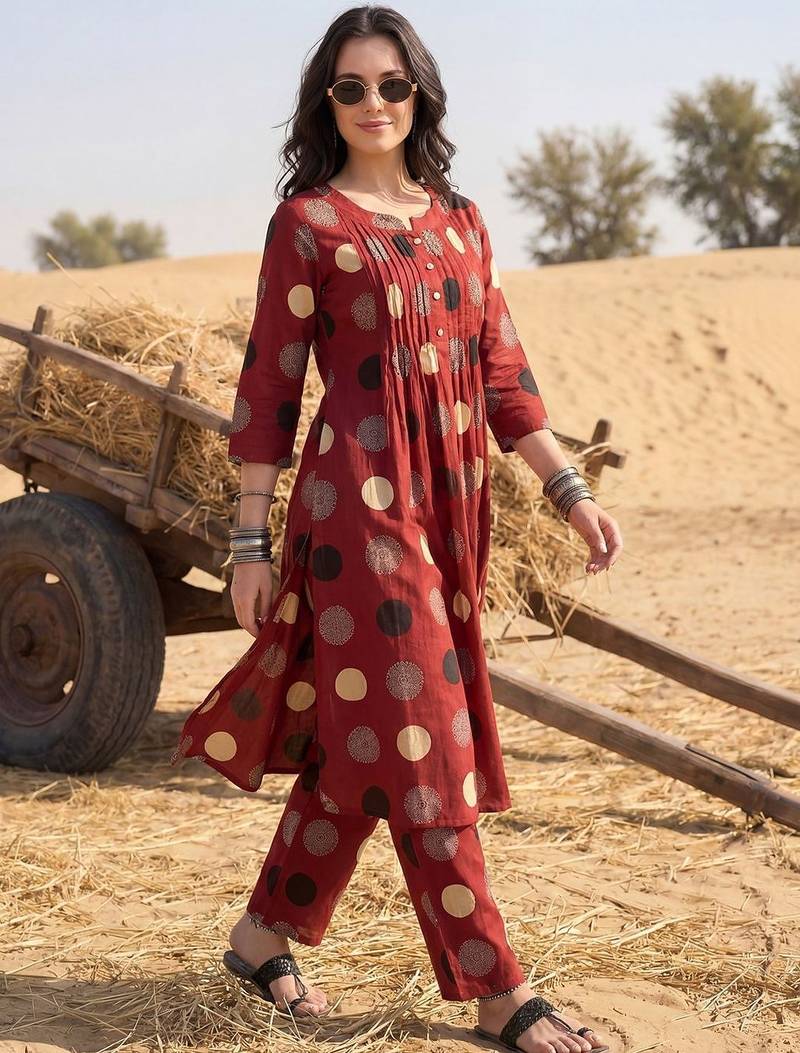 Women Ethnic Motifs Printed Pleated Cotton Kurta with Trousers