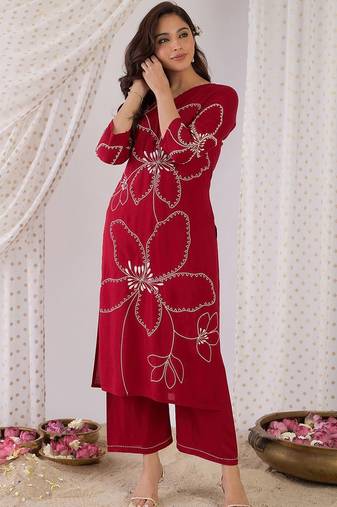 Floral Embroidered Beads And Stones Straight Kurta With Palazzos
