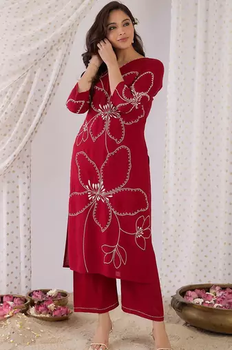 Floral Embroidered Beads And Stones Straight Kurta With Palazzos