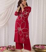 Floral Embroidered Beads And Stones Straight Kurta With Palazzos
