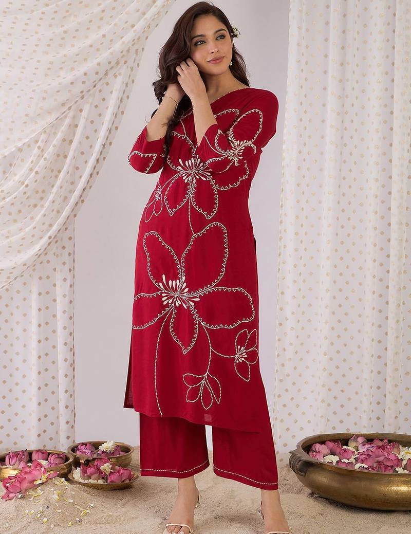 Floral Embroidered Beads And Stones Straight Kurta With Palazzos