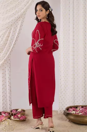 Floral Embroidered Beads And Stones Straight Kurta With Palazzos