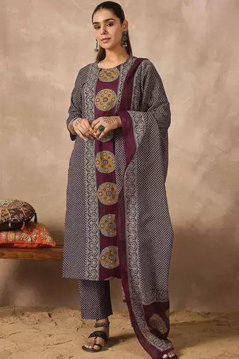 Women Ethnic Motifs Printed Cotton Kurta with Trousers & With Dupatta