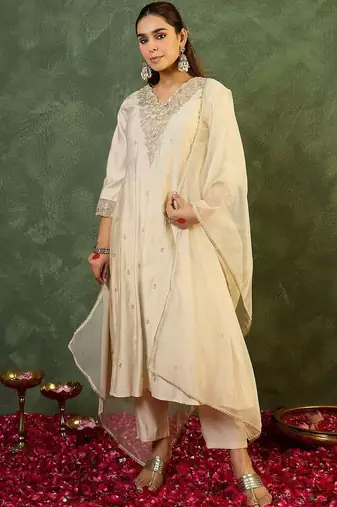 Ethnic Motifs Embroidered Panelled Thread Work Liva Kurta with Trousers & Dupatta