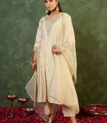 Ethnic Motifs Embroidered Panelled Thread Work Liva Kurta with Trousers & Dupatta
