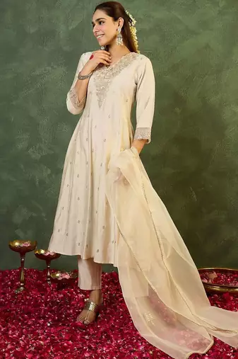 Ethnic Motifs Embroidered Panelled Thread Work Liva Kurta with Trousers & Dupatta