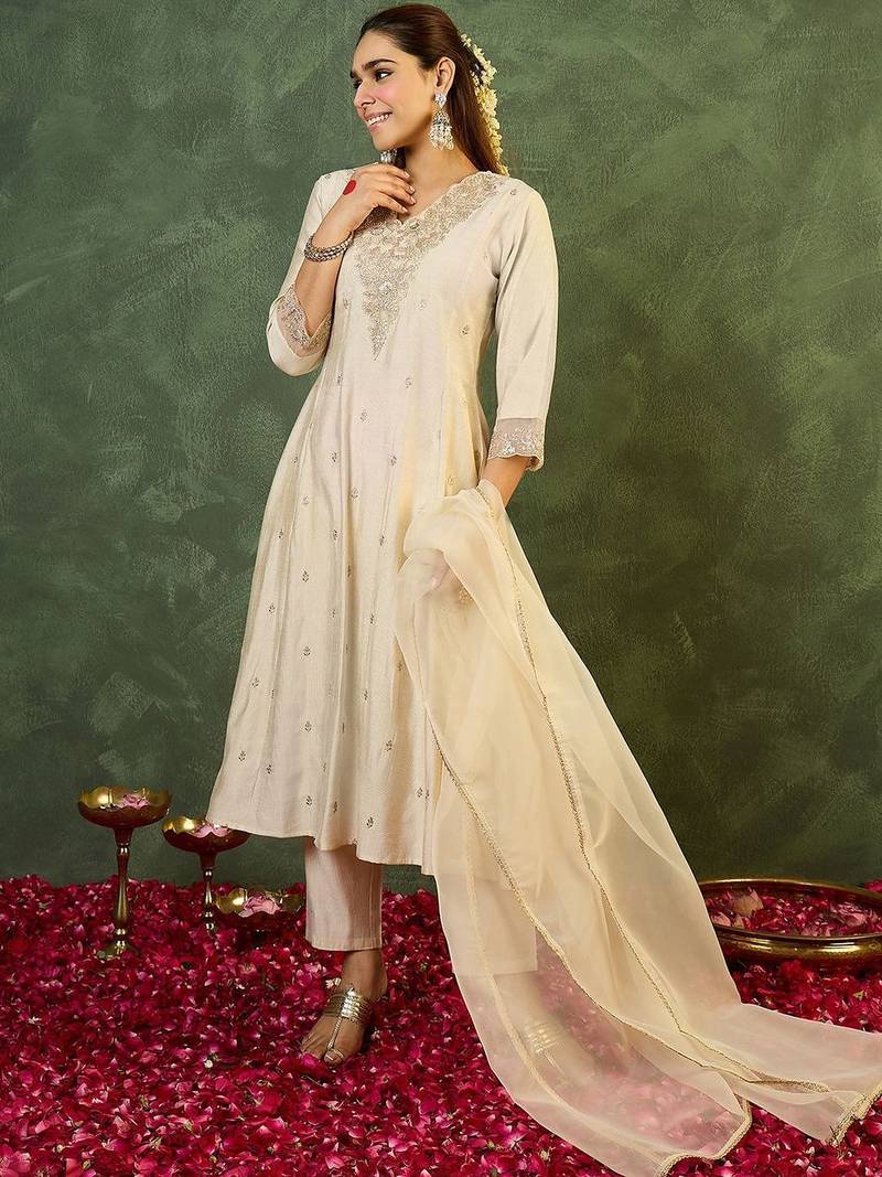 Ethnic Motifs Embroidered Panelled Thread Work Liva Kurta with Trousers & Dupatta