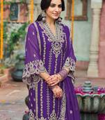 Floral Embroidered V-Neck Zari Organza Straight Kurta With Trousers And Dupatta