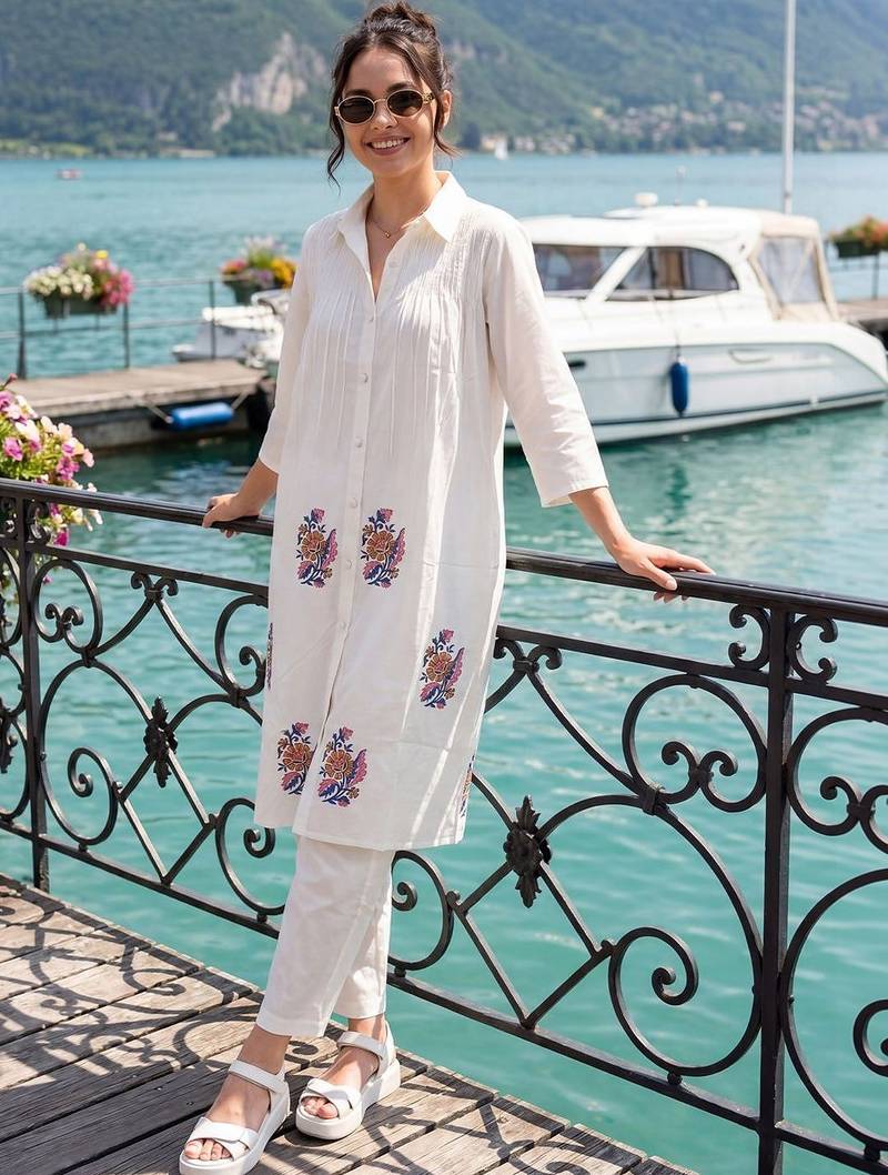 Women Floral Printed Pleated Cotton Kurta with Trousers