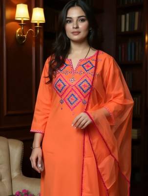 Women Geometric Embroidered V-Neck Mirror Work Kurta with Trousers & Dupatta 1