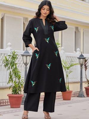 Women Animal Embroidered Thread Work Cotton Kurta with Palazzos 1