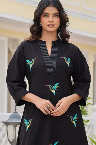Women Animal Embroidered Thread Work Cotton Kurta with Palazzos