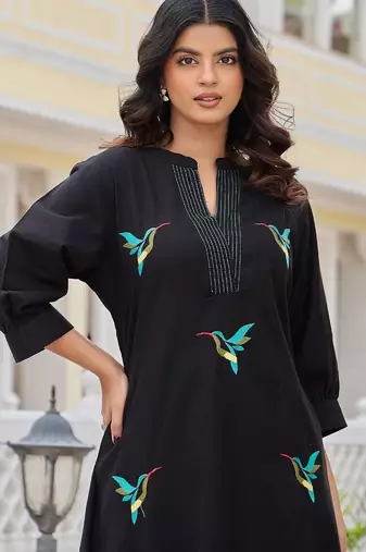 Women Animal Embroidered Thread Work Cotton Kurta with Palazzos