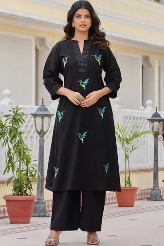 Women Animal Embroidered Thread Work Cotton Kurta with Palazzos