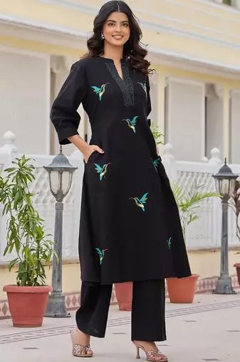 Women Animal Embroidered Thread Work Cotton Kurta with Palazzos