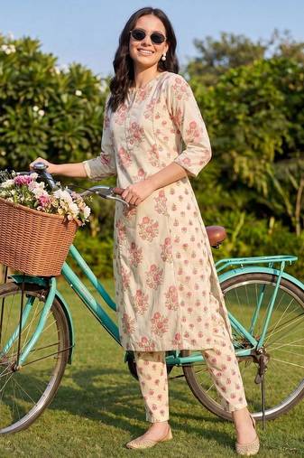 Women Floral Printed Panelled Cotton Kurta with Trousers
