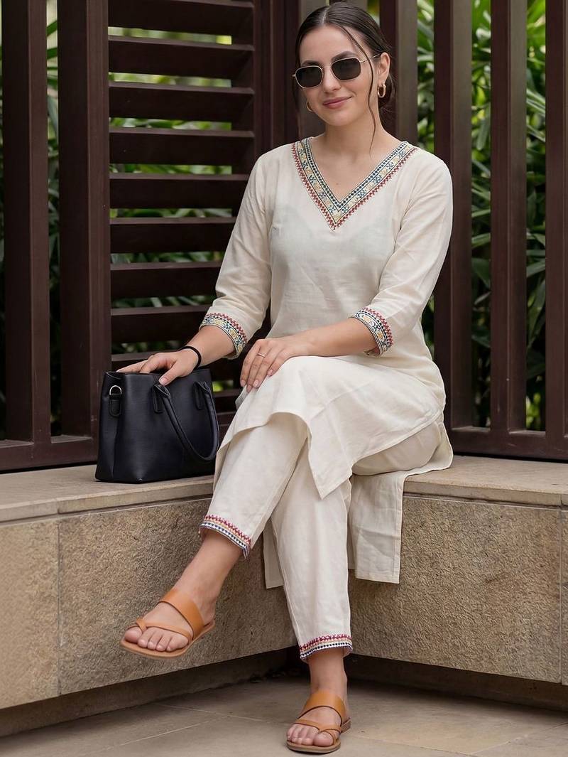 Women Ethnic Motifs Embroidered Mirror Work Kurta with Trousers