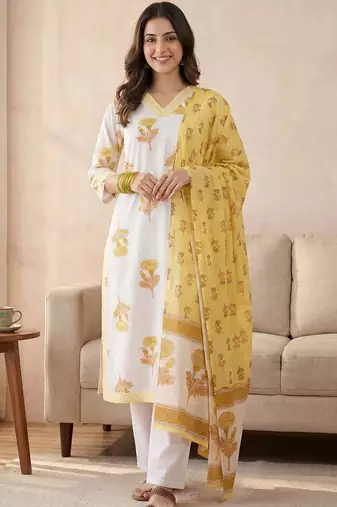 Women Floral Printed Thread Work Cotton Kurta with Trousers & With Dupatta