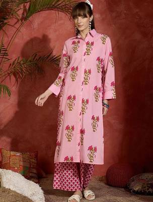 Floral Printed Shirt Collar Cotton Straight Kurta With Palazzos 1