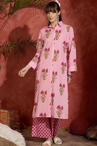 Floral Printed Shirt Collar Cotton Straight Kurta With Palazzos