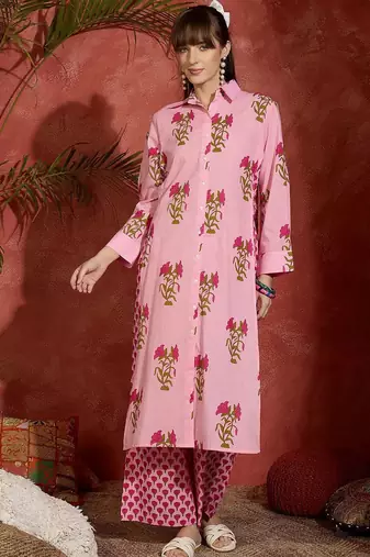 Floral Printed Shirt Collar Cotton Straight Kurta With Palazzos