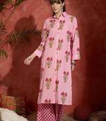 Floral Printed Shirt Collar Cotton Straight Kurta With Palazzos