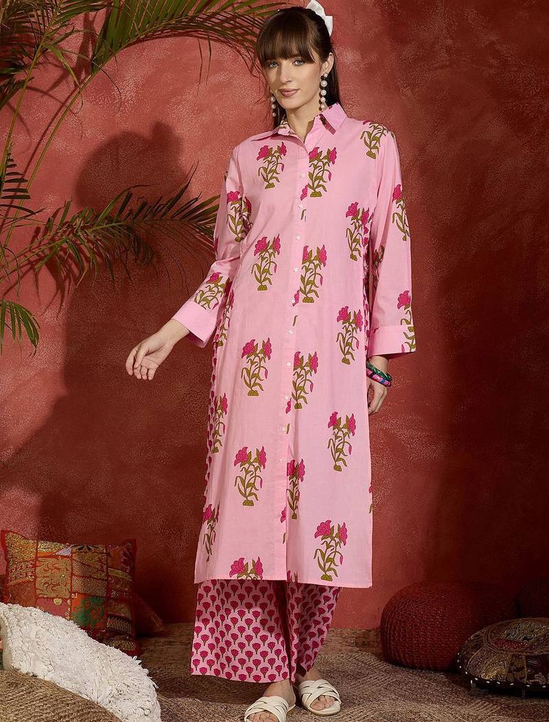 Floral Printed Shirt Collar Cotton Straight Kurta With Palazzos